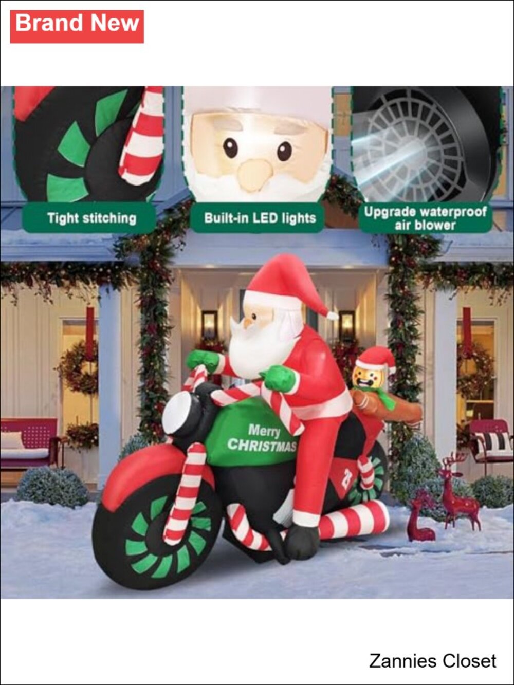 π 6FT Christmas Inflatable Santa Riding Motorcycle with Gingerbread Man LED - Picture 2 of 6
